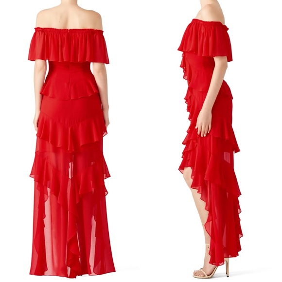 Badgley Mischka Red Off Shoulder Ruffle Gown Maxi Dress Size 2 - Picture 3 of 9
